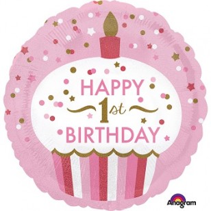 1st Birthday Pink Cupcake Holographic Balloon
